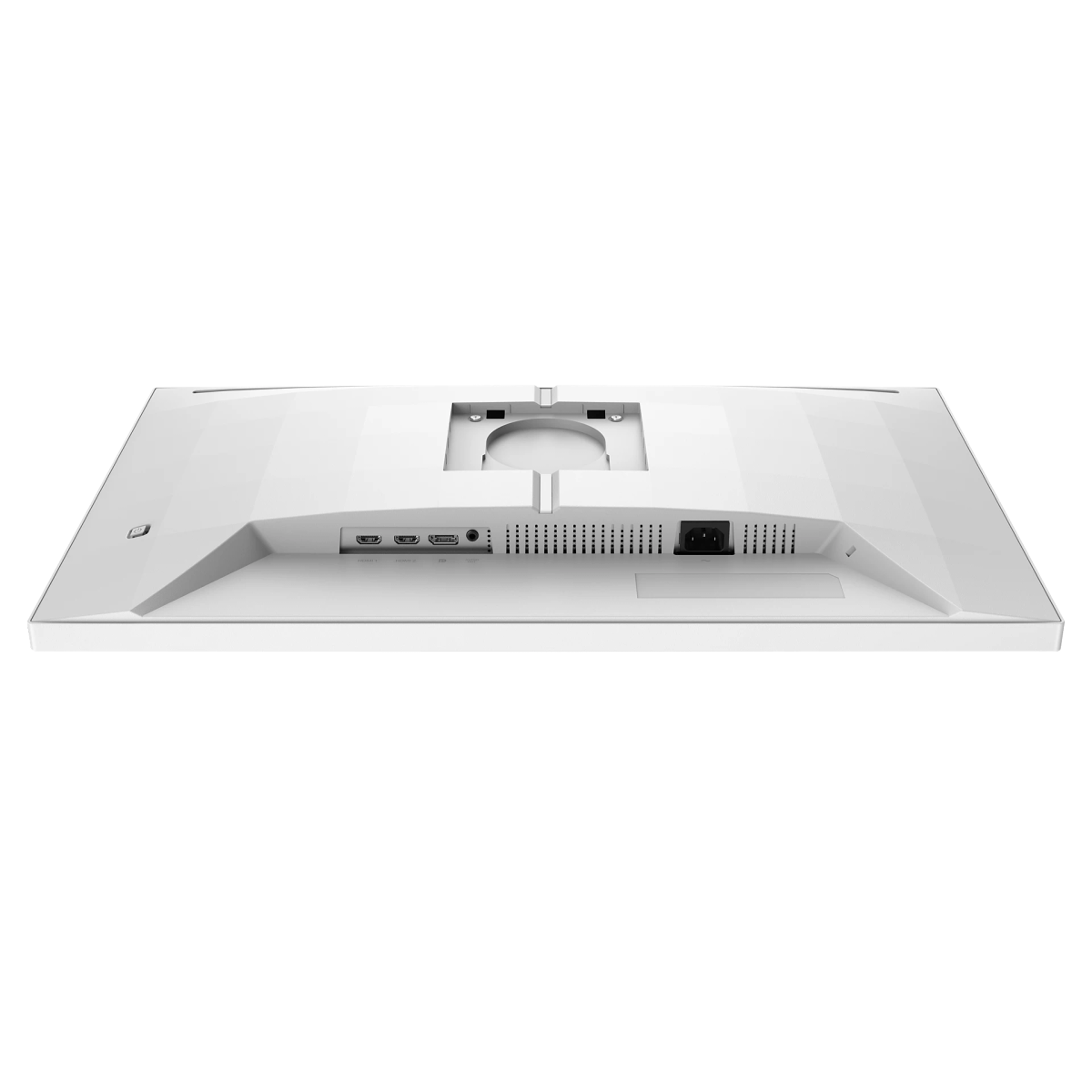 Tył białego monitora z widocznymi portami na czarnym tle.