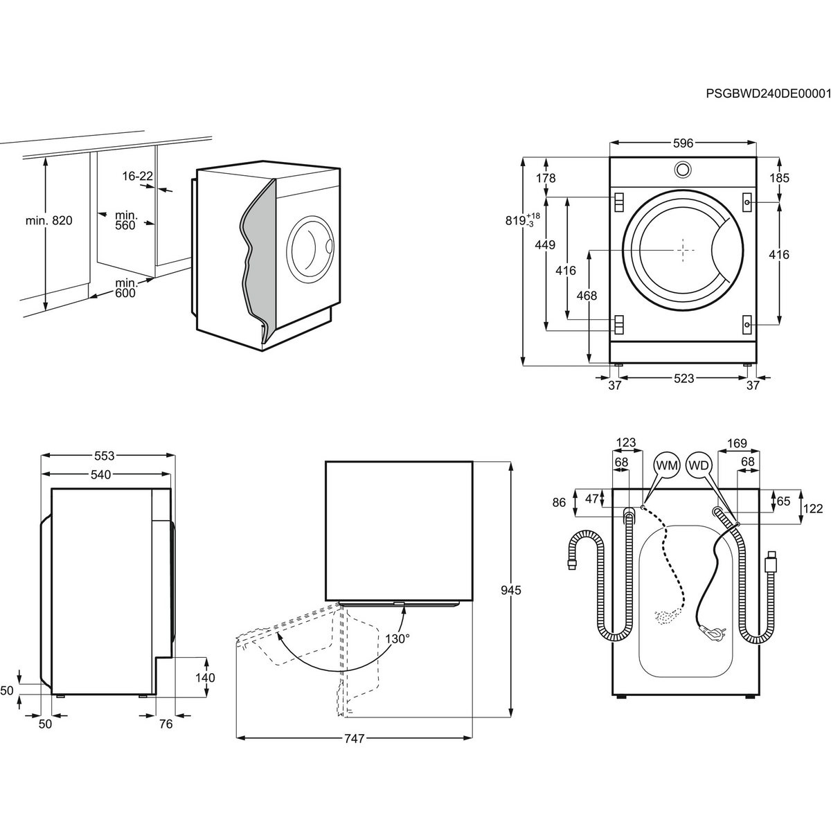 Schemat pralki. Pokazuje wymiary i podłączenia hydrauliczne.