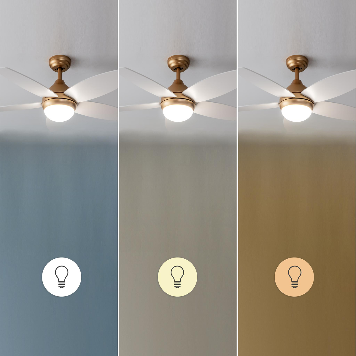 Tre ventilatori a soffitto con luci. Ognuno ha un colore di luce diverso.