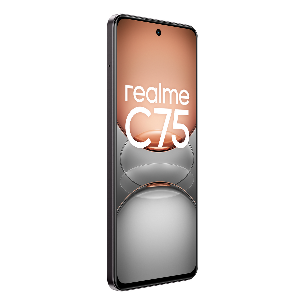 Smartfon Realme C75, czarna ramka, duży ekran i biały tekst 'realme C75'.