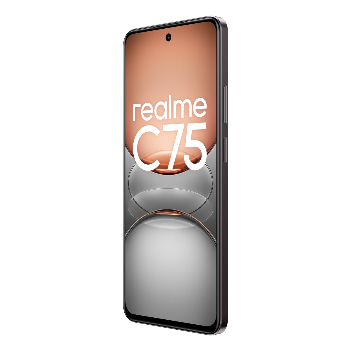 Smartfon w czarnej obudowie z logo Realme C75 na ekranie. Obudowa ma metaliczny wygląd.