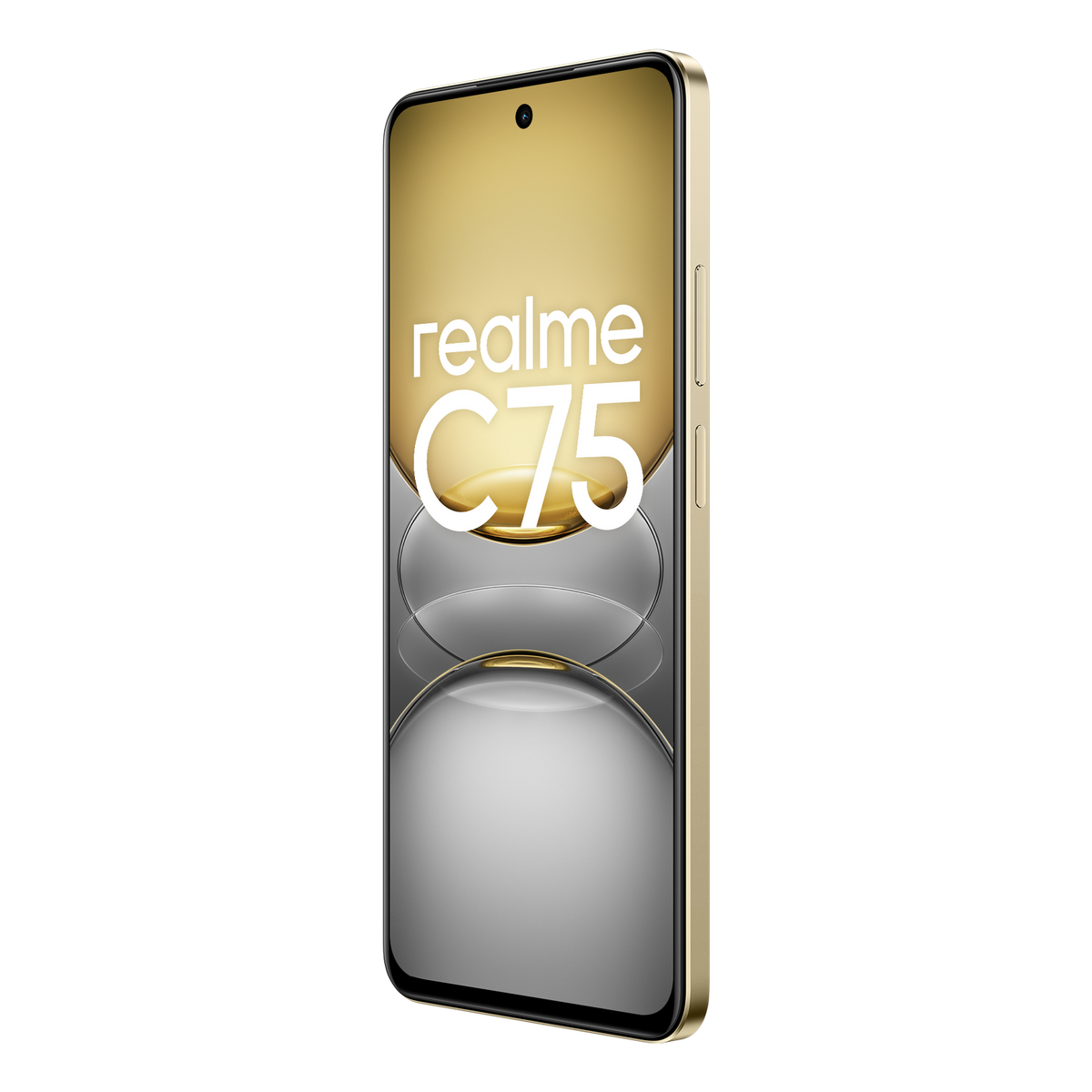 Złoty smartfon pokazany na ciemnym tle. Ekran telefonu wyświetla nazwę marki Realme C75.