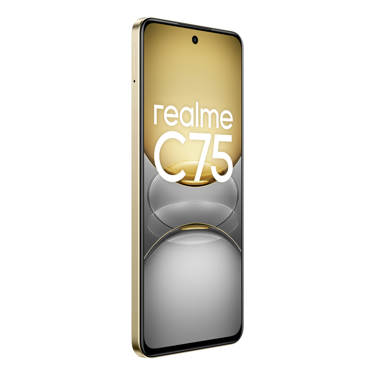 Złoty smartfon z dużym wyświetlaczem, aparatem i logo Realme C75.