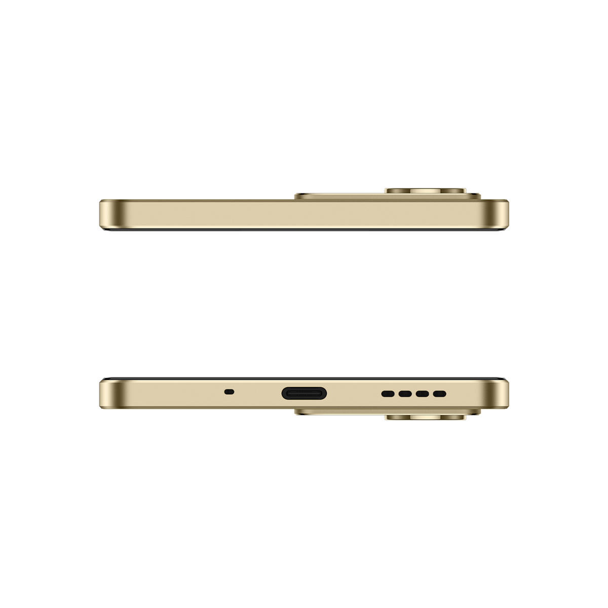 Dwa złote smartfony pokazane obok siebie. Górny telefon jest skierowany przodem do góry, dolny ma widoczne porty.