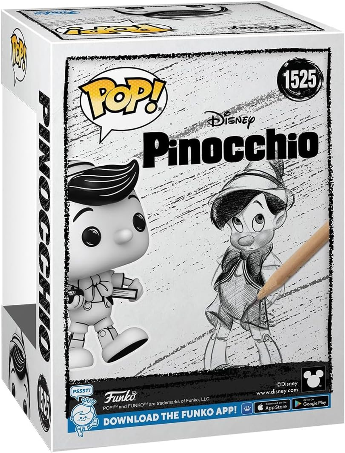 Caja Funko Pop! Pinocchio mostrando el personaje en boceto y forma terminada.