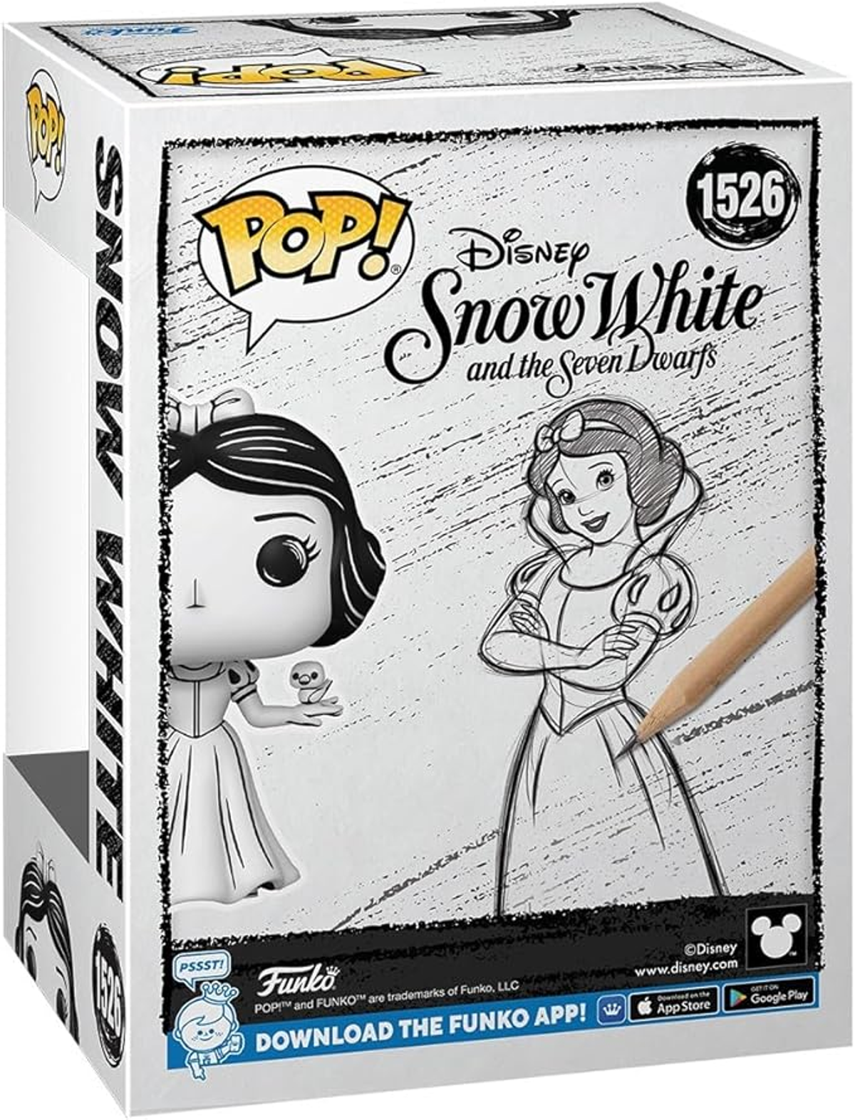 Caja Funko Pop de Blancanieves. Dibujo de Blancanieves en la caja. Fondo blanco. Texto y logotipo presentes.