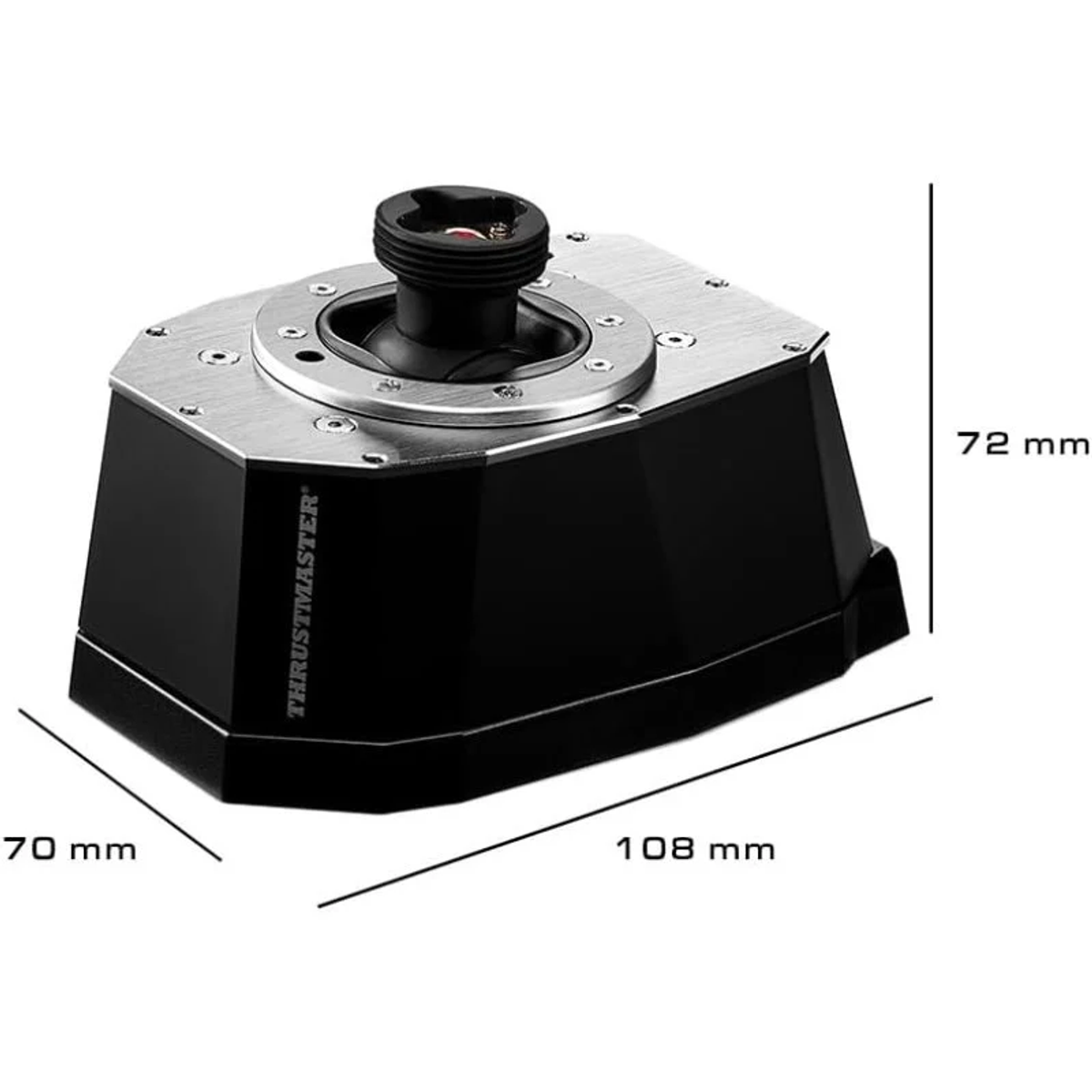 Un appareil Thrustmaster noir et argent avec des dimensions indiquées en mm. C'est une manette de jeu.