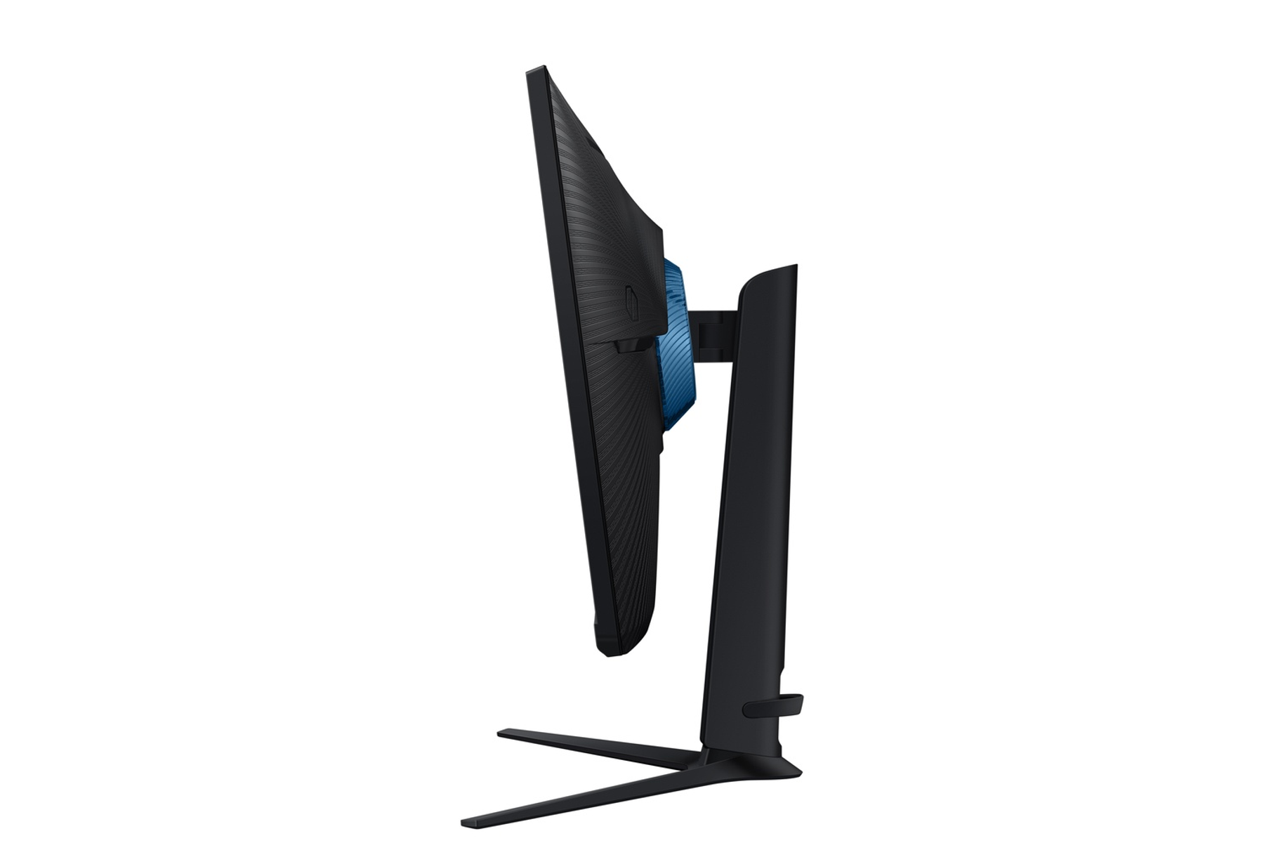 Seitenansicht eines schwarzen Computermonitors. Blaue Akzente, weißer Hintergrund.
