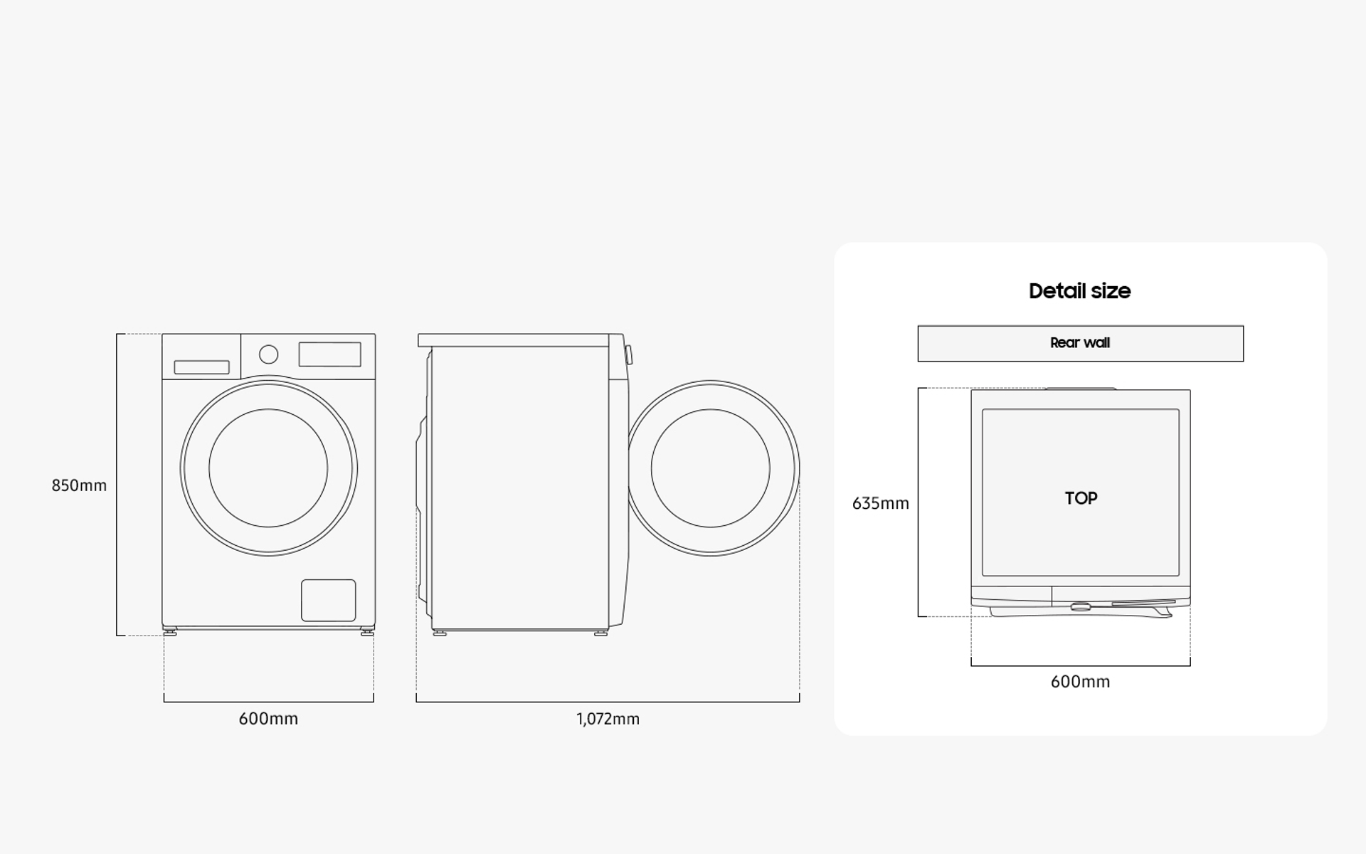 Schemat pralki, widok z boku i z góry z wymiarami.