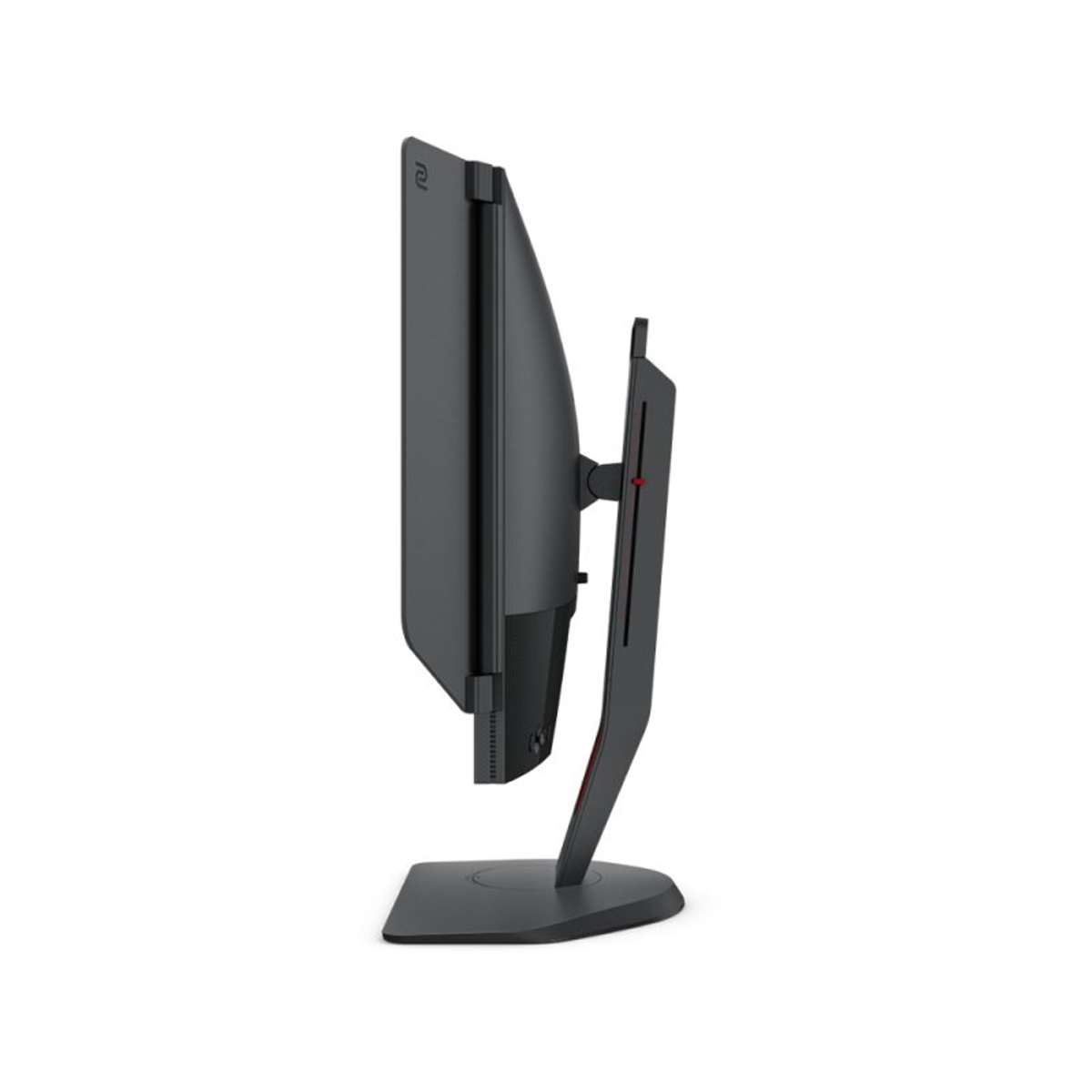 Side view of a black monitor with a red accent. It has a stand, and the side is slightly angled.