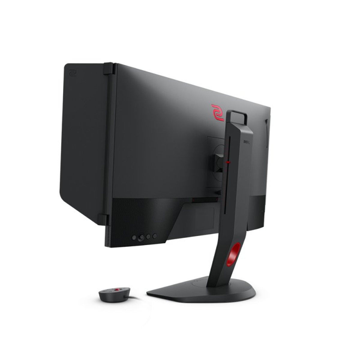 The back of a black monitor with a red stand and a control panel.