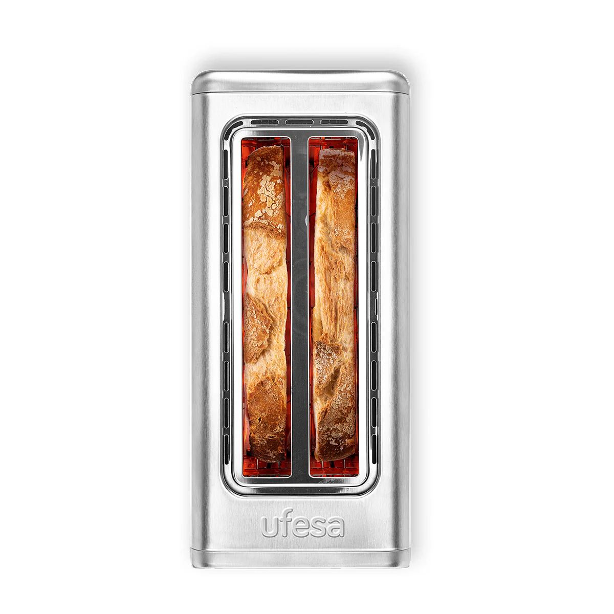 Tostapane con due fette di pane tostato all'interno. Il tostapane è argentato, il pane dorato.
