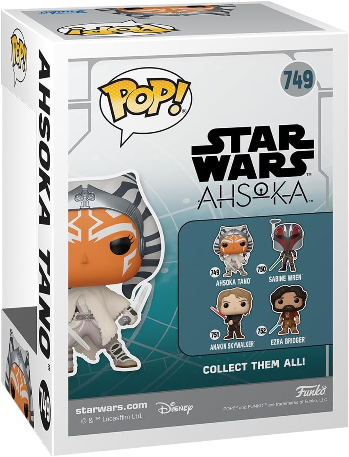 Una caja Funko Pop de Ahsoka Tano de Star Wars, mostrando la figura y las imágenes del personaje.