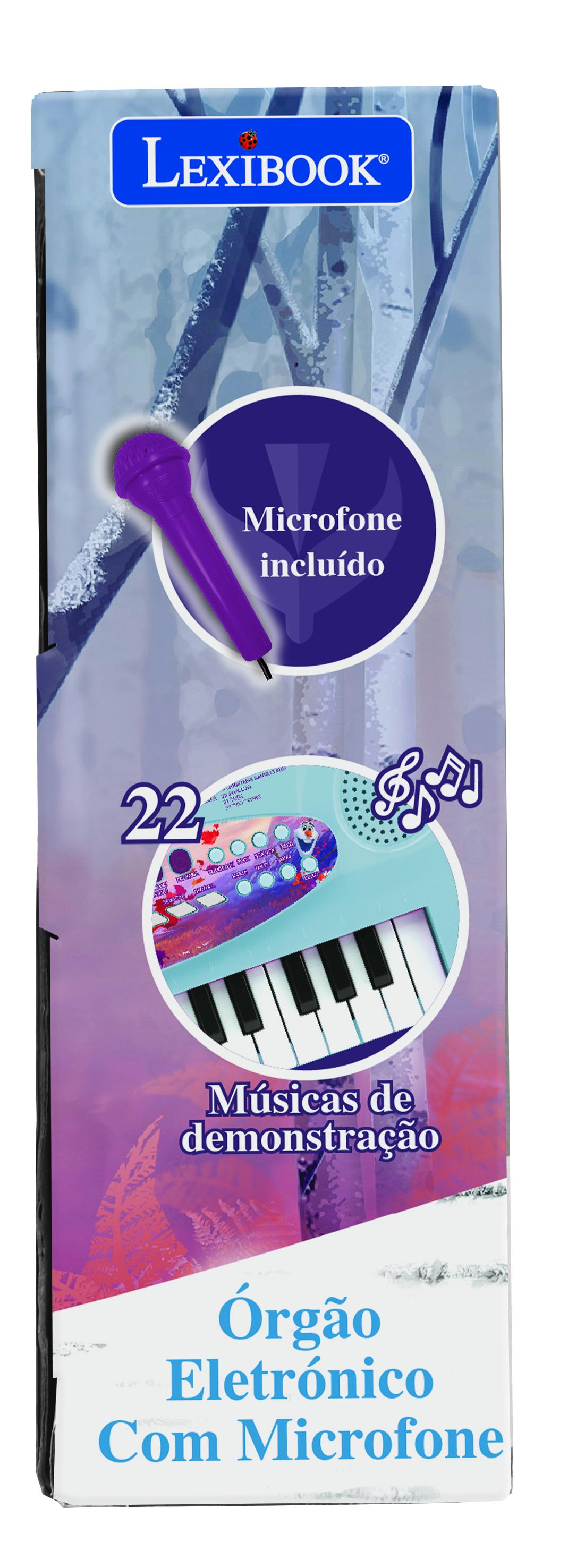 Caja con un teclado de juguete, micrófono morado y el texto 'Órgão Eletrônico Com Microfone'.