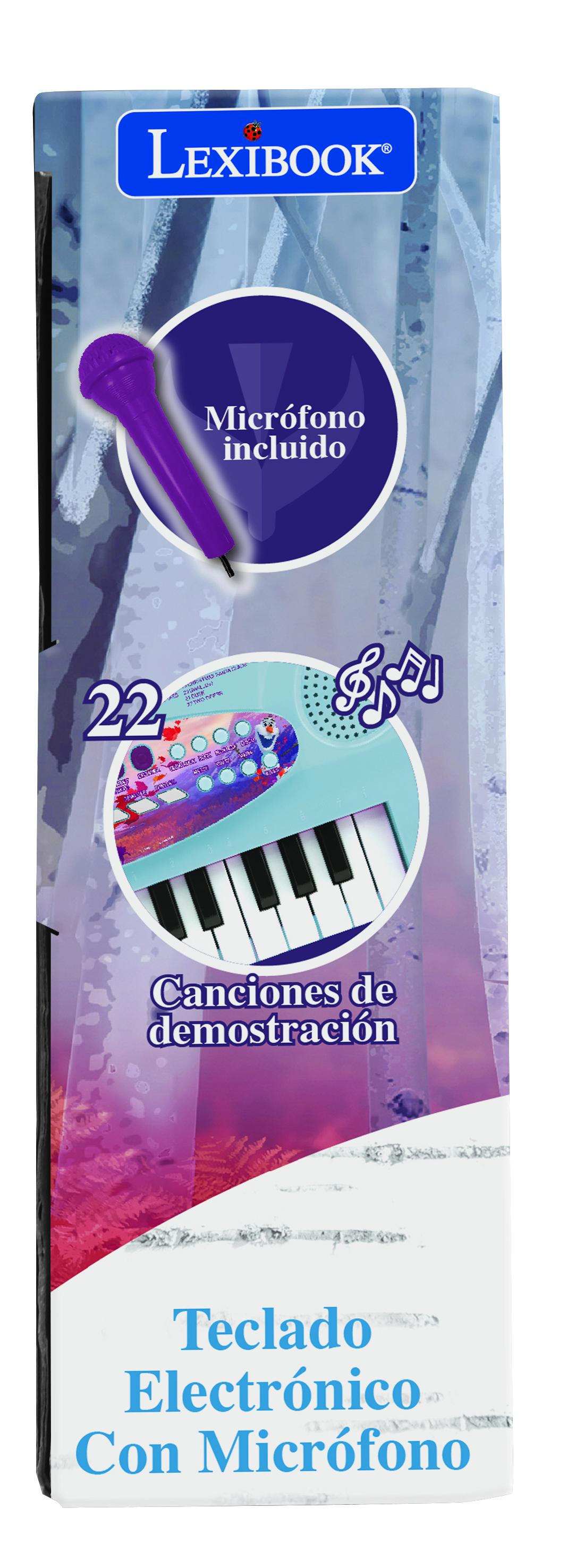Caja de teclado de juguete con micrófono, con la marca 'Lexibook'.