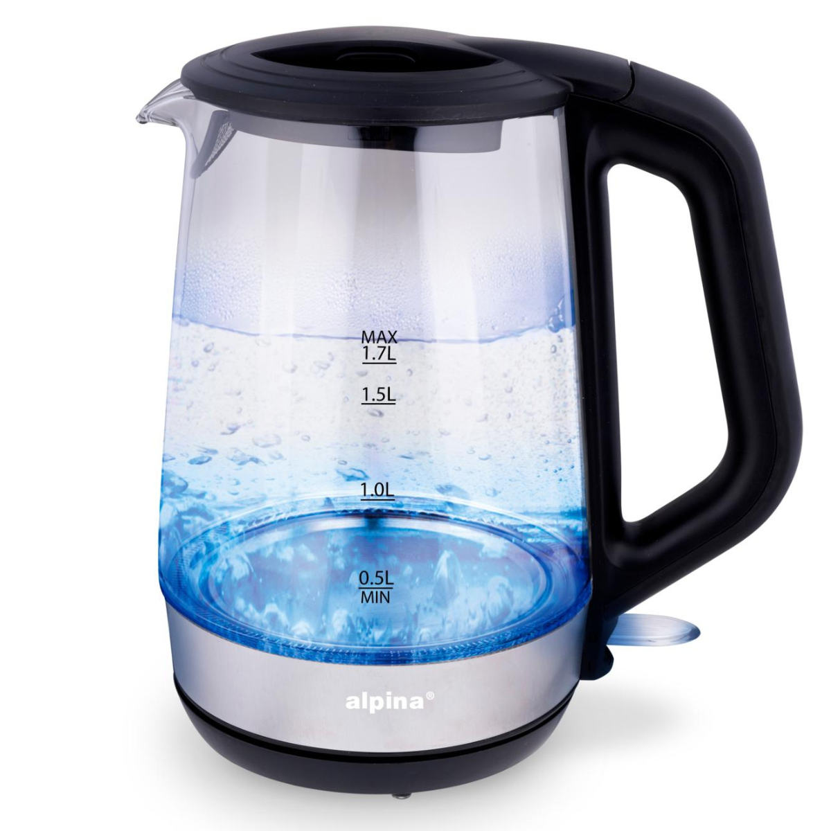 Een glazen elektrische waterkoker gevuld met water. Het heeft een zwarte handgreep en een zilveren voet.