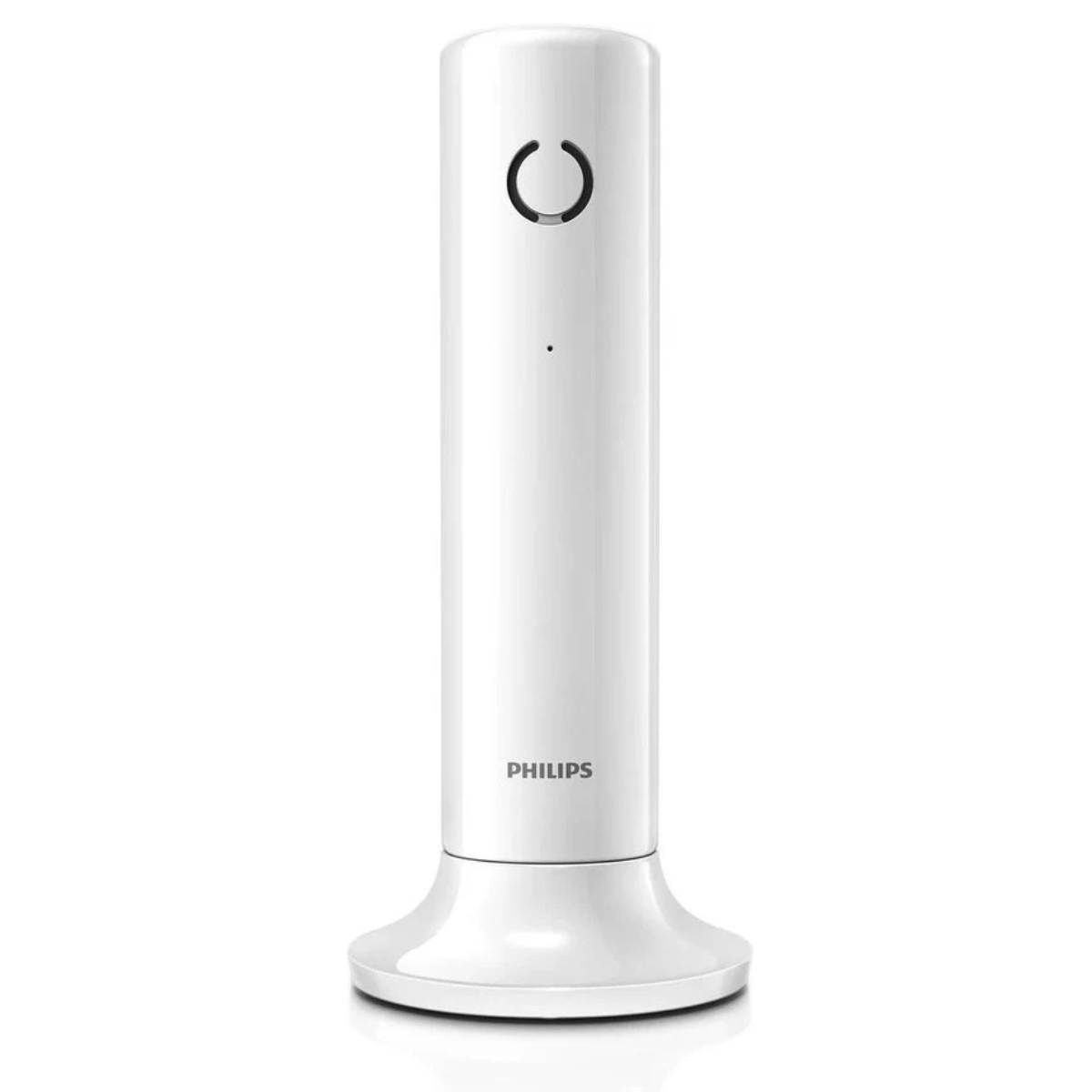 Un téléphone sans fil blanc sur un socle. Le téléphone a un bouton circulaire et un petit point.