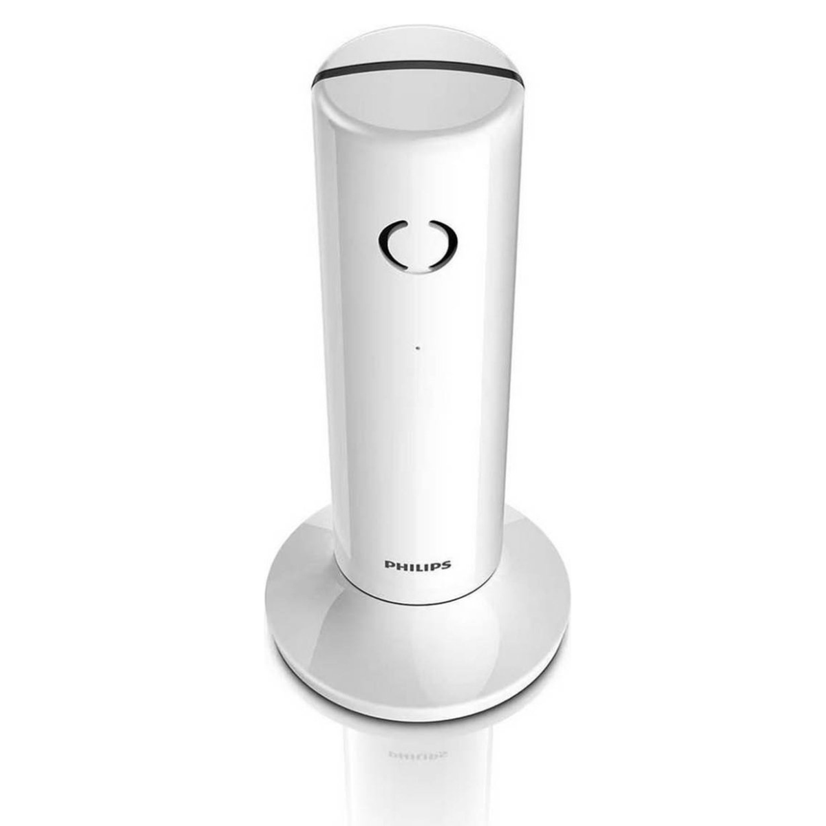 Une base de téléphone sans fil blanche avec un combiné.