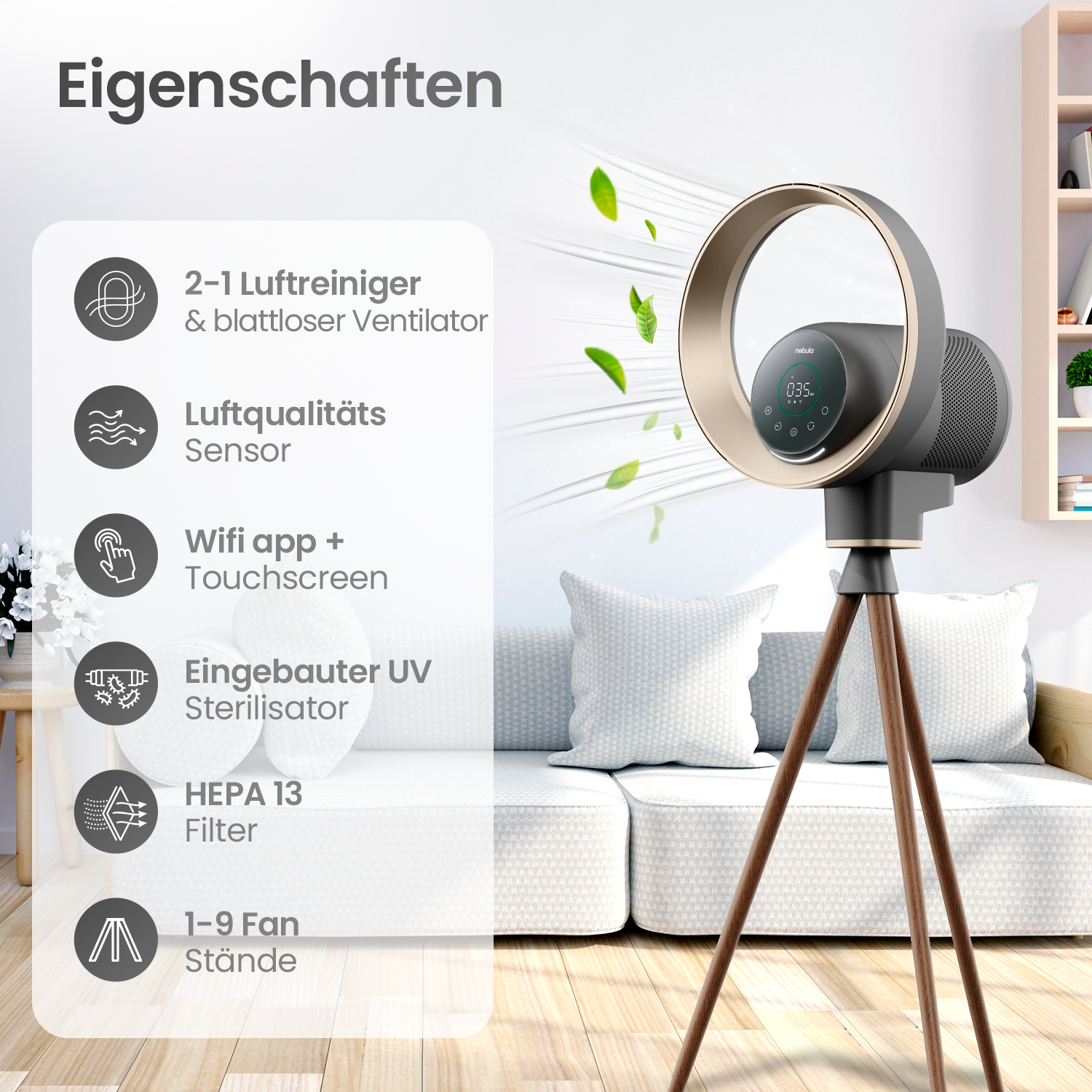 Luftreiniger auf Stativ. Merkmale: Luftqualitätssensor, UV-Sterilisator und HEPA-Filter.