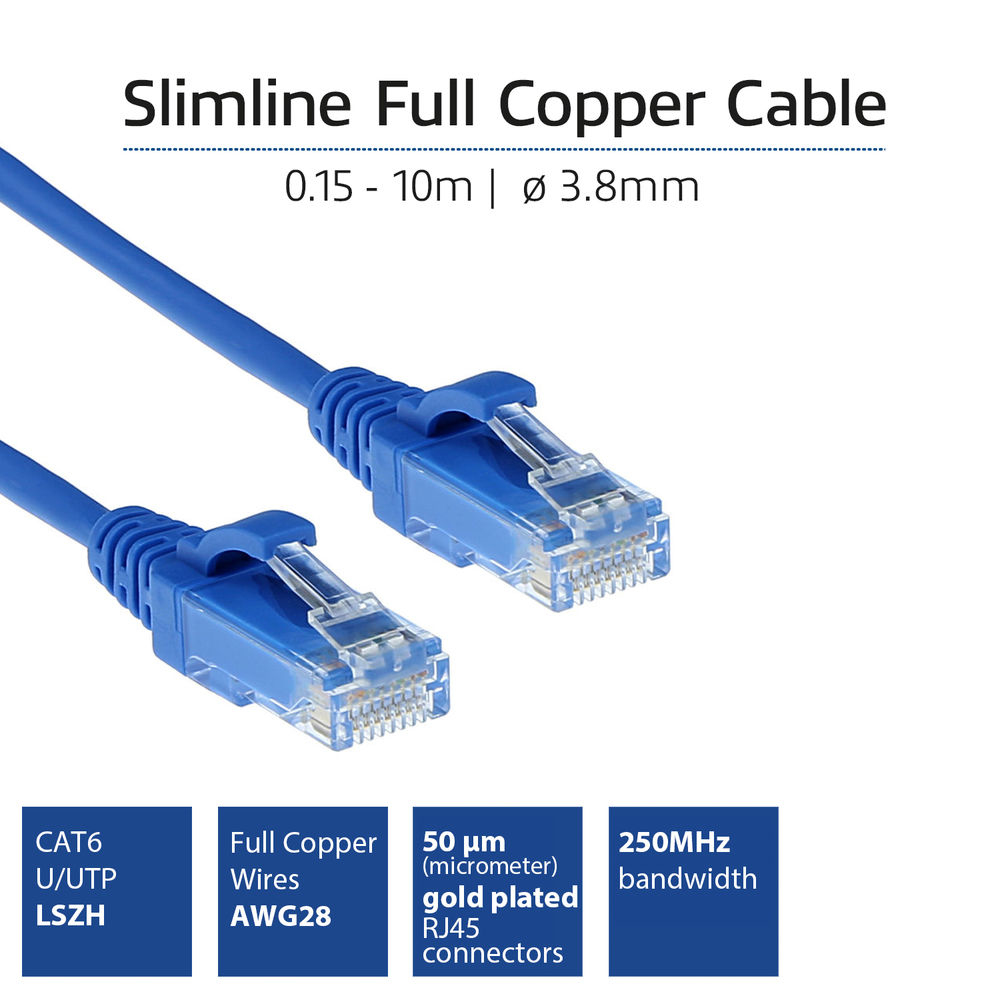 Cavo Ethernet blu con connettori e testo: Cavo in rame pieno Slimline.