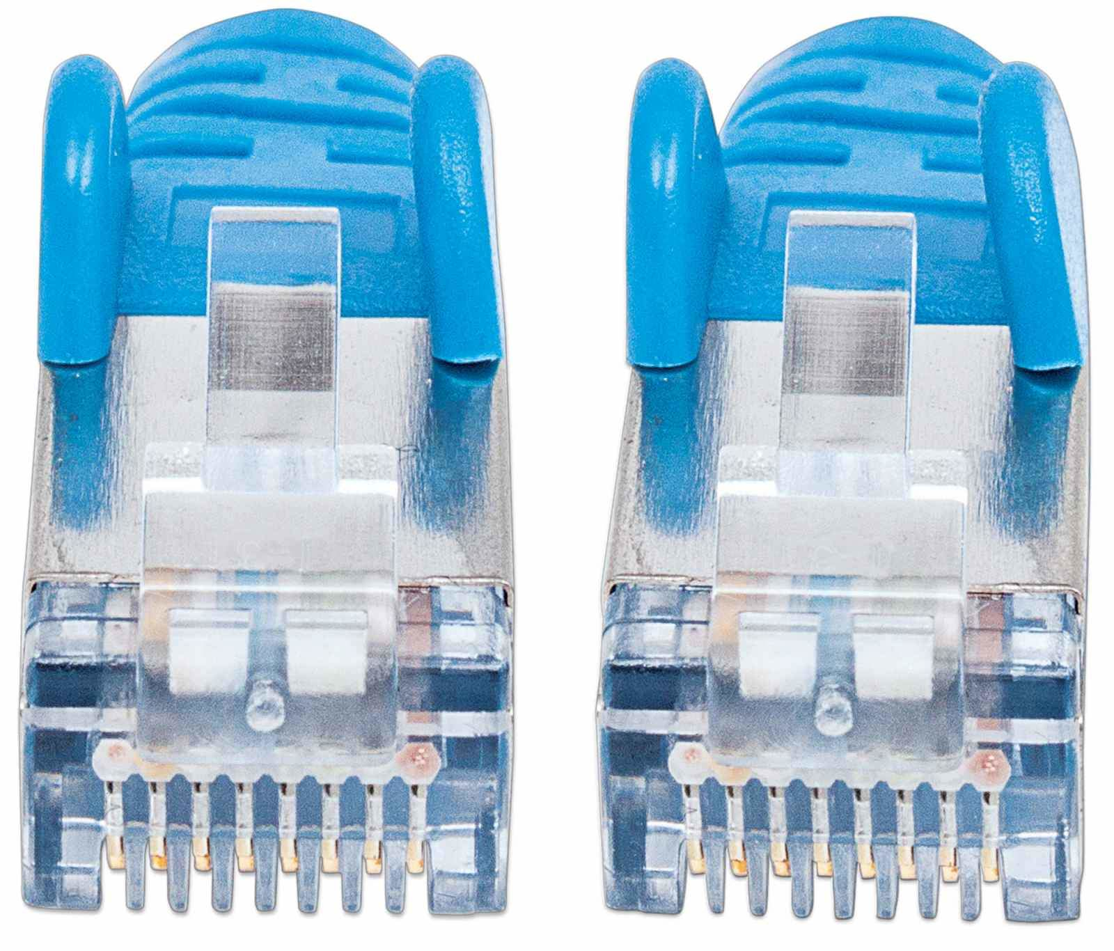 Deux connecteurs RJ45 bleus et transparents, gros plan sur fond blanc.