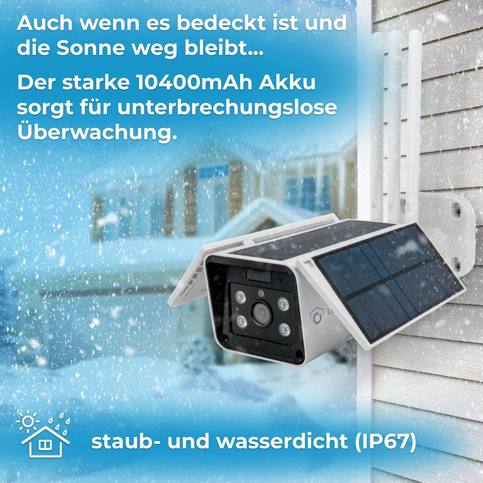 Outdoor-Sicherheitskamera mit Solarpanel an weißer Wand, Schnee. Text: staub- und wasserdicht (IP67).