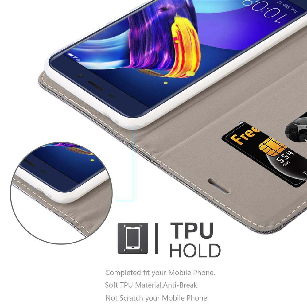Telefon in grauem Gehäuse. Eine Karte befindet sich im Gehäuse. Der Bildschirm zeigt ein farbenfrohes Bild.