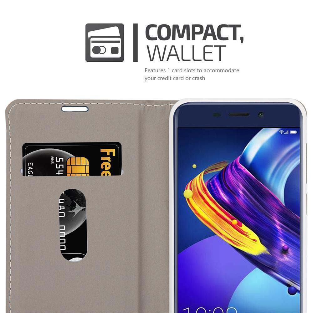 Telefon in einer Brieftasche mit Kartenfach. Das Telefon ist sichtbar. Text sagt "Kompakt, Brieftasche".