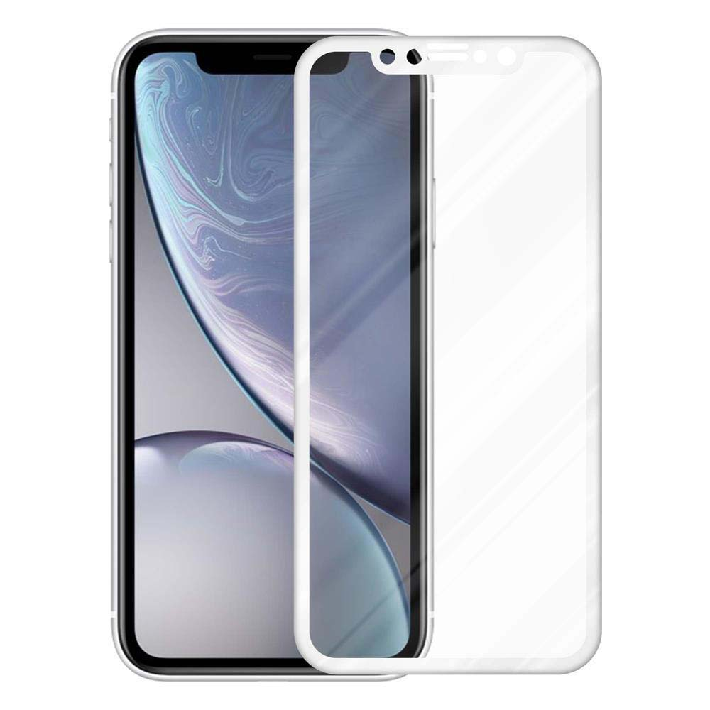 iPhone Xr con cornice bianca e protezione schermo applicata. Su una superficie bianca.