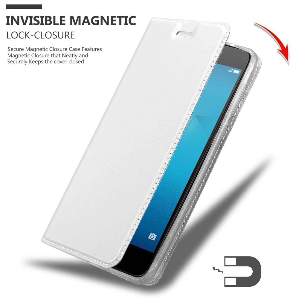Custodia bianca per telefono, aperta. Il telefono è visibile, con icona e testo magnetico.