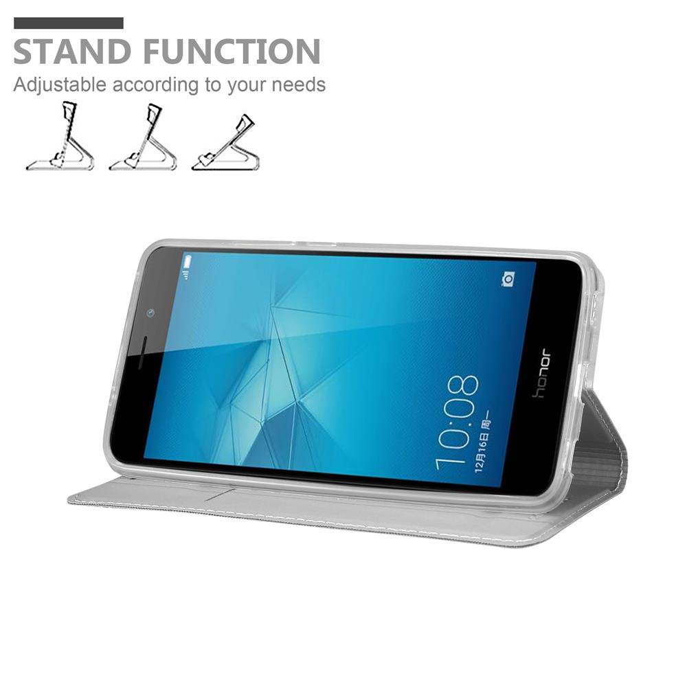 Uno smartphone in una custodia, aperto. Lo schermo mostra l'ora e una custodia bianca.