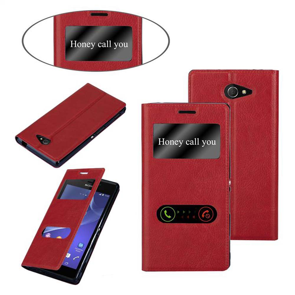 Funda de teléfono roja. Incluye teléfono, abierto y cerrado. El texto en la pantalla dice Honey call you.
