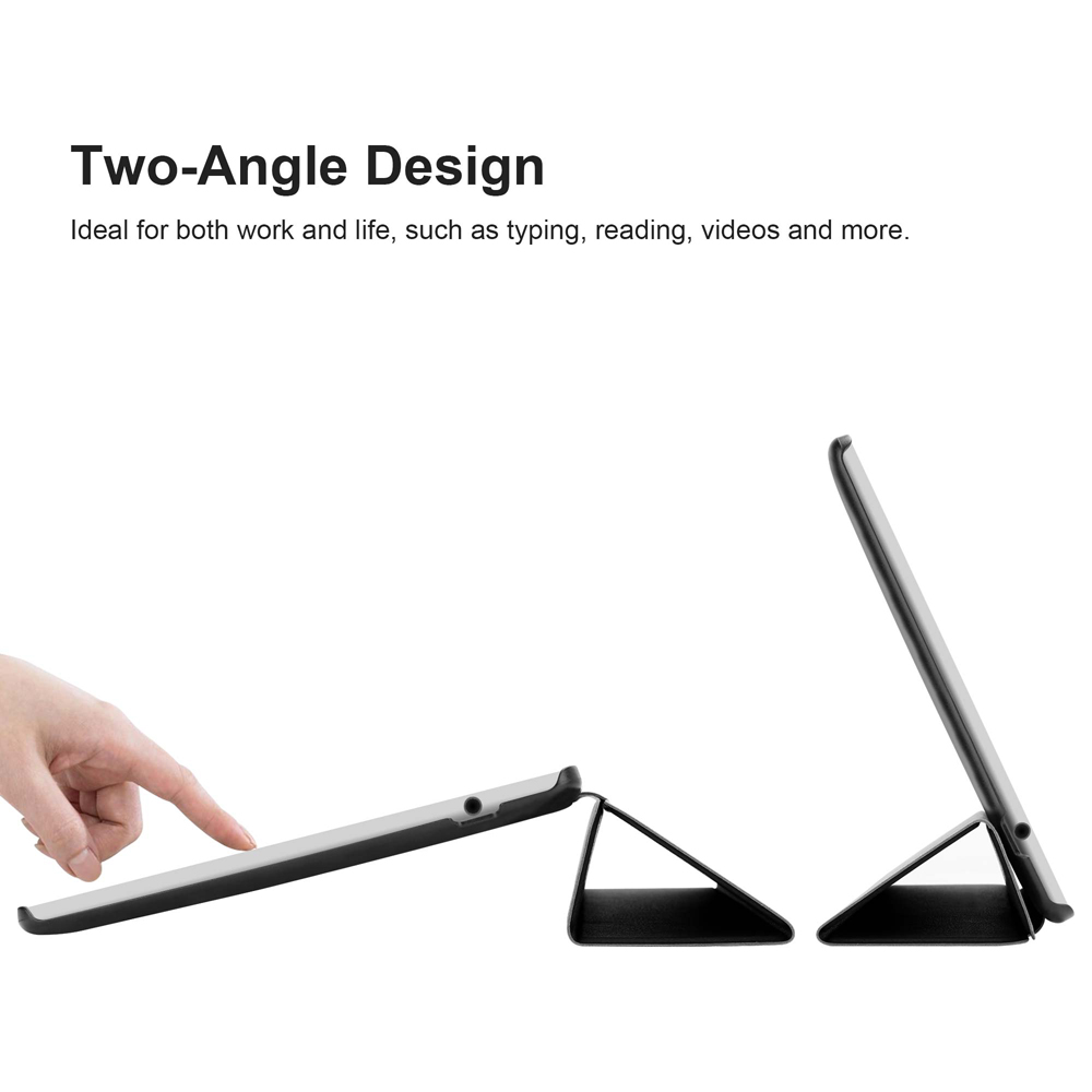 Ein Tablet wird in zwei Positionen gezeigt: flach und aufgestellt, was das Zwei-Winkel-Design demonstriert.