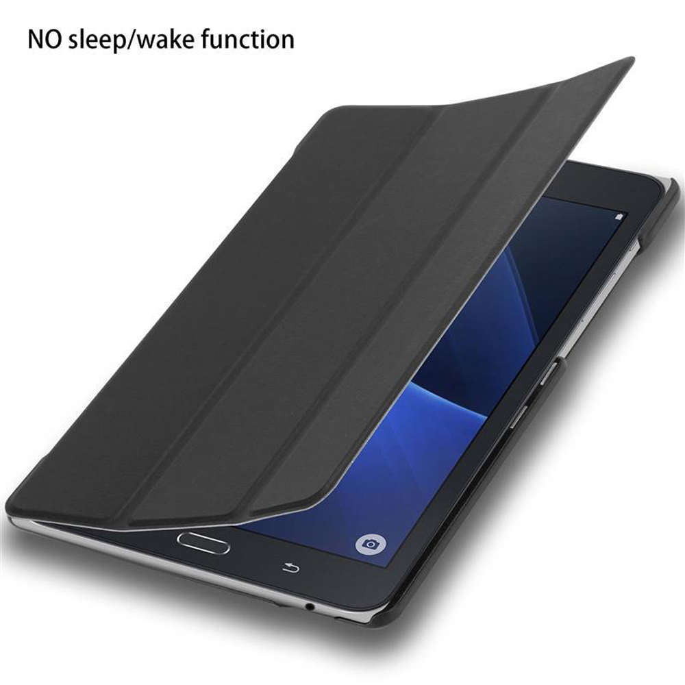 Schwarze Tablet-Hülle, offen, mit Tablet. Text: 'NO sleep/wake function'.
