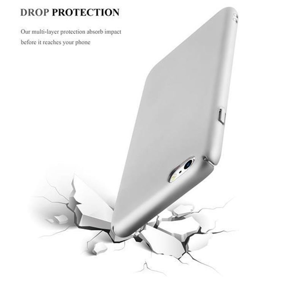 Una custodia argentata per telefono cade su una superficie incrinata. Il testo recita "Drop Protection".