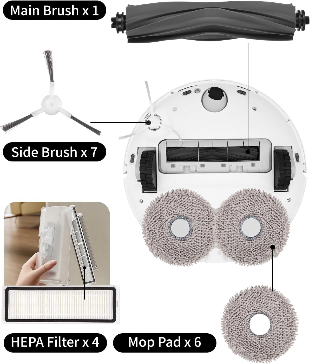 Widok rozstrzelony robota sprzątającego z oznaczonymi częściami: filtr HEPA, nakładka do mopa, szczotki.