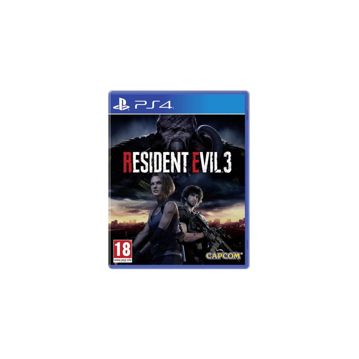 Copertina del gioco Resident Evil 3. Due personaggi davanti a un mostro con sfondo scuro.