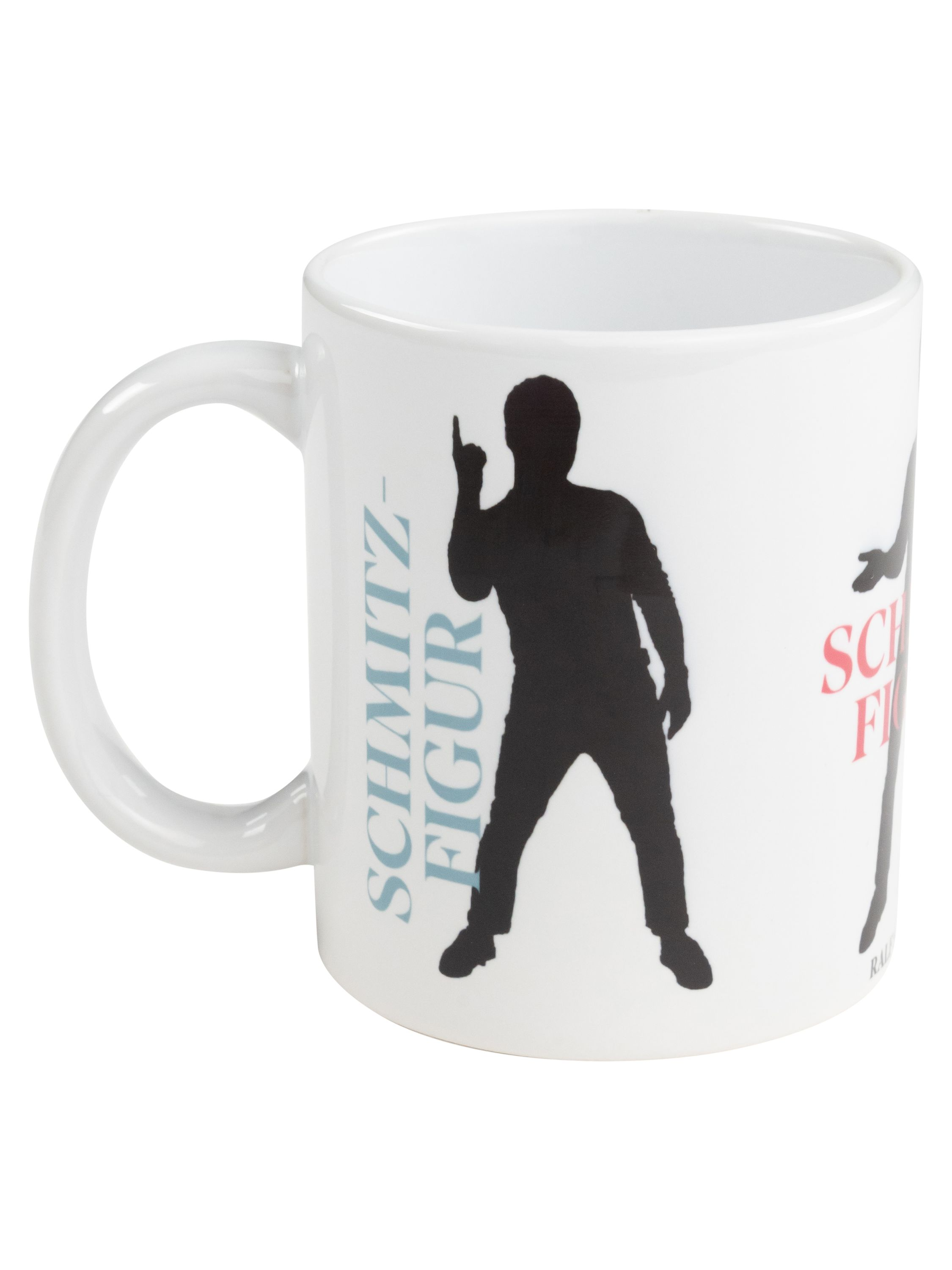 Eine weiße Tasse mit einer schwarzen Silhouette eines Mannes, der zeigt. Text: 'SCHMITZ-FIGUR', in Grau und Rot.