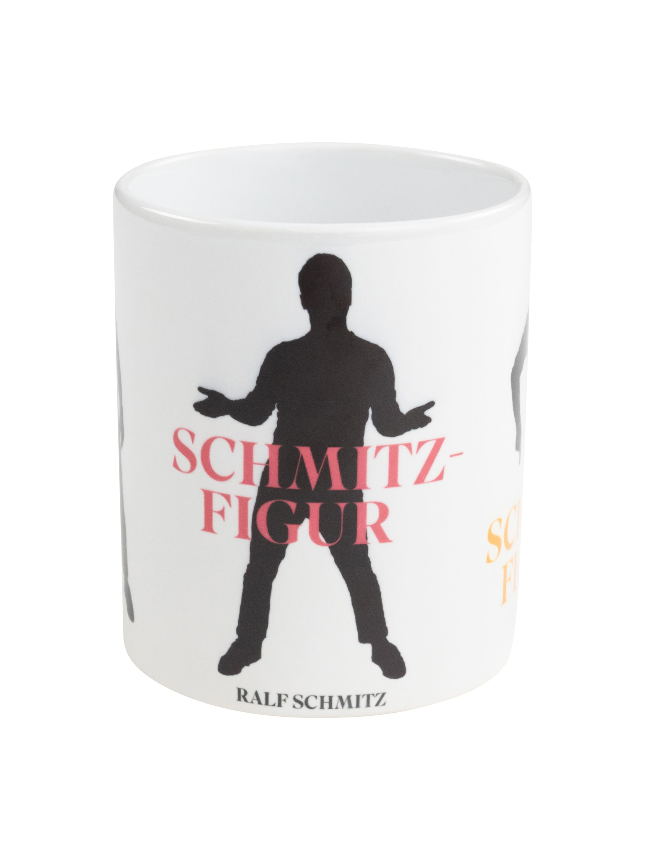 Weißer Becher mit einer Männersilhouette und Text. Weißer Hintergrund.