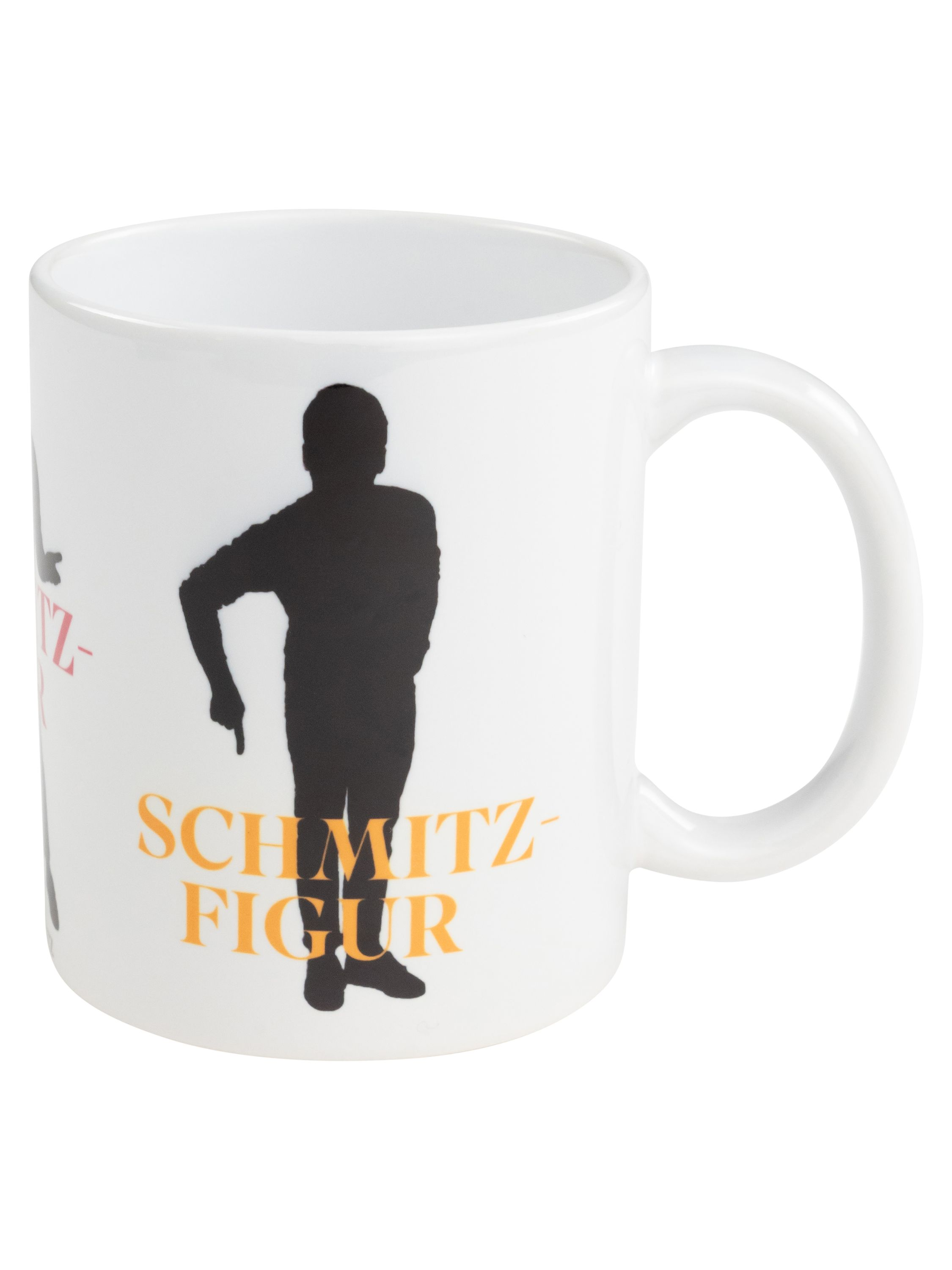 Weiße Tasse mit schwarzer Figur, die zeigt, und dem Wort "SCHMITZ-FIGUR" in Orange.