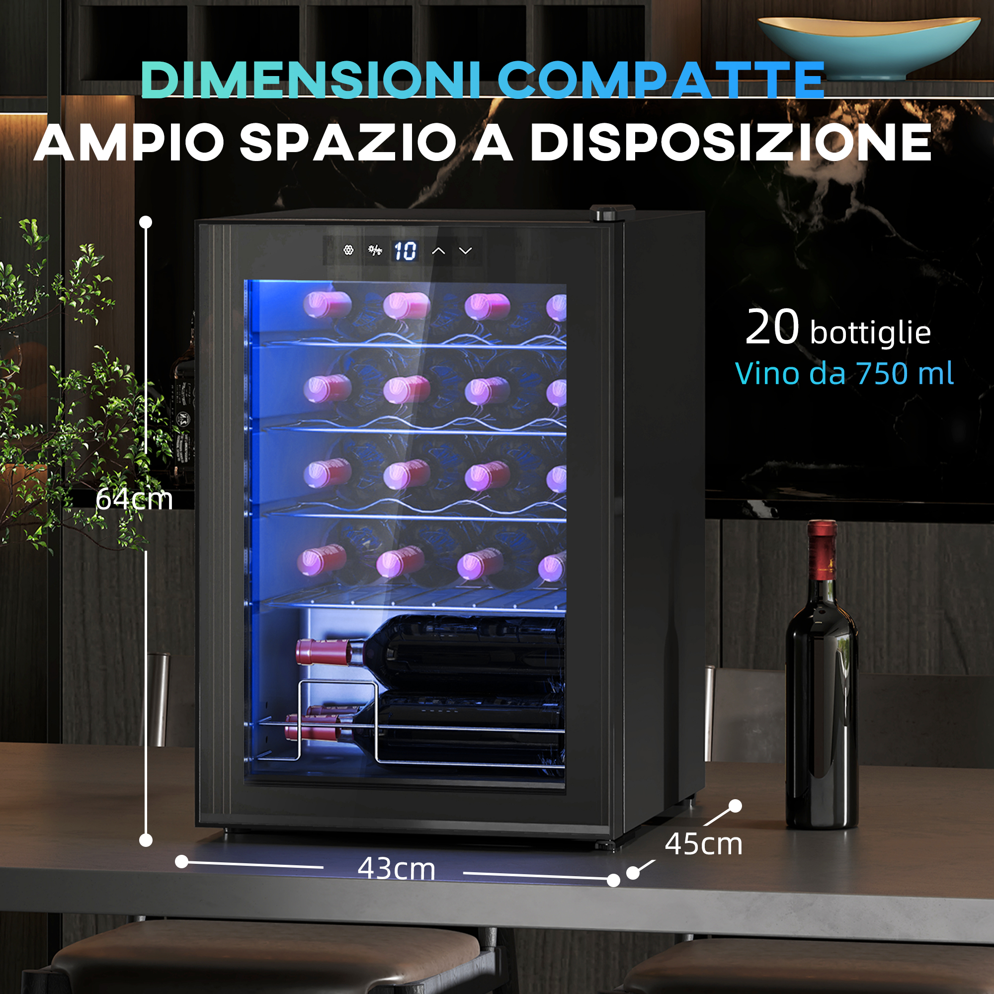 Cantinetta nera con bottiglie di vino, dimensioni indicate e testo.