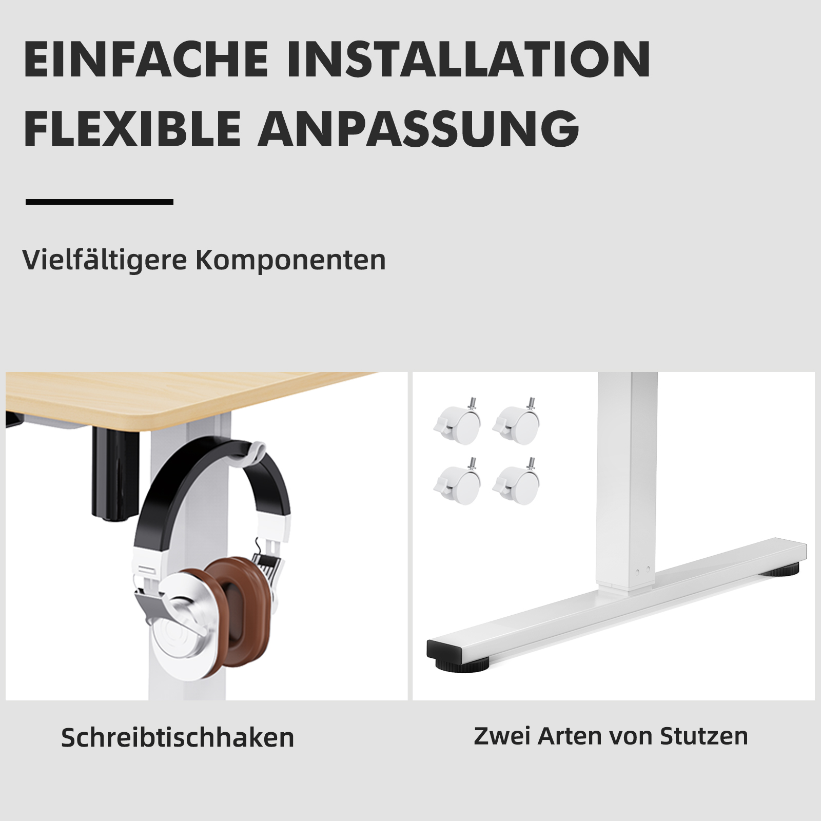 Ein Bild mit Text und zwei Produktbildern, das ein Schreibtischzubehör zeigt.