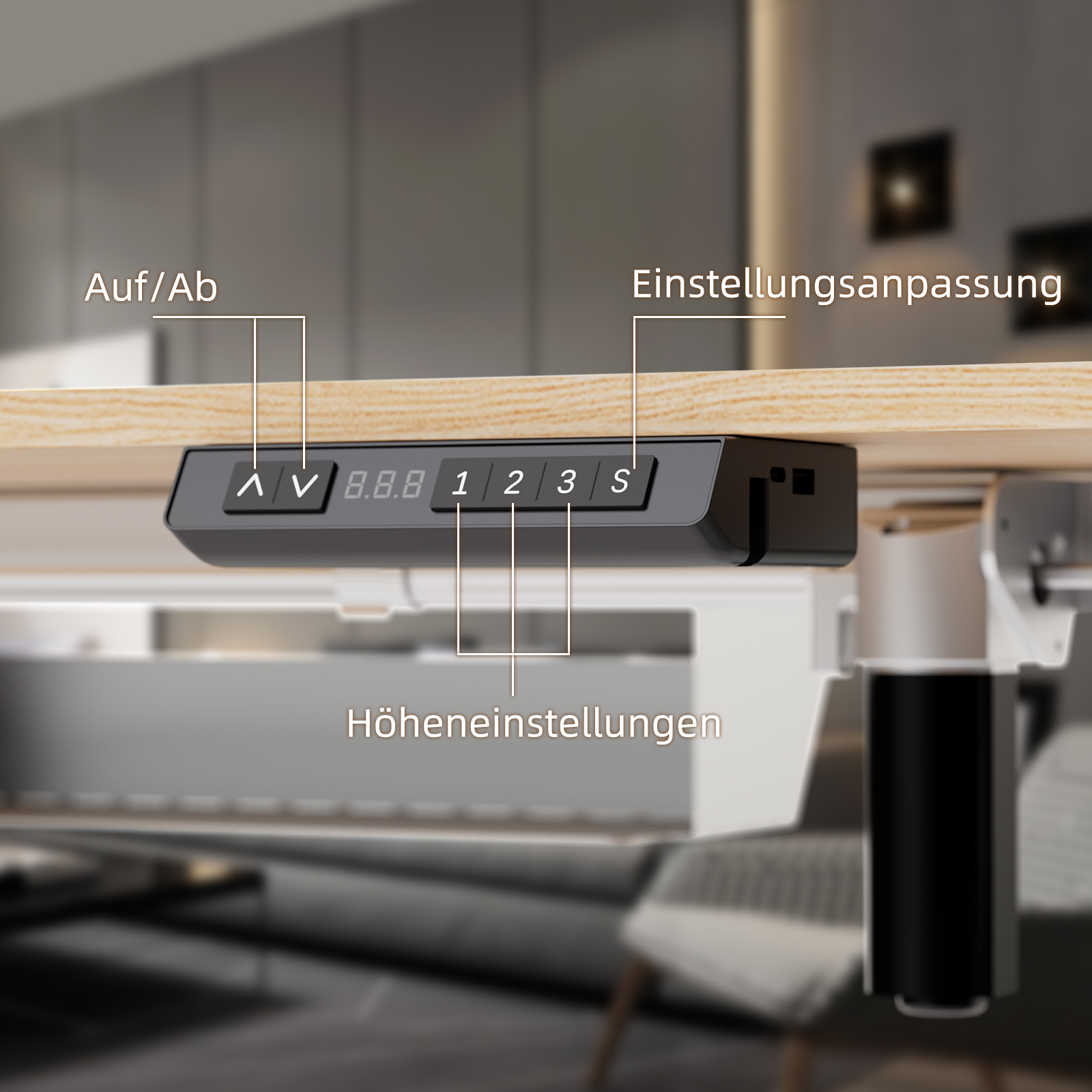 Schwarzes Bedienfeld auf einem Schreibtisch mit Tasten und Display.