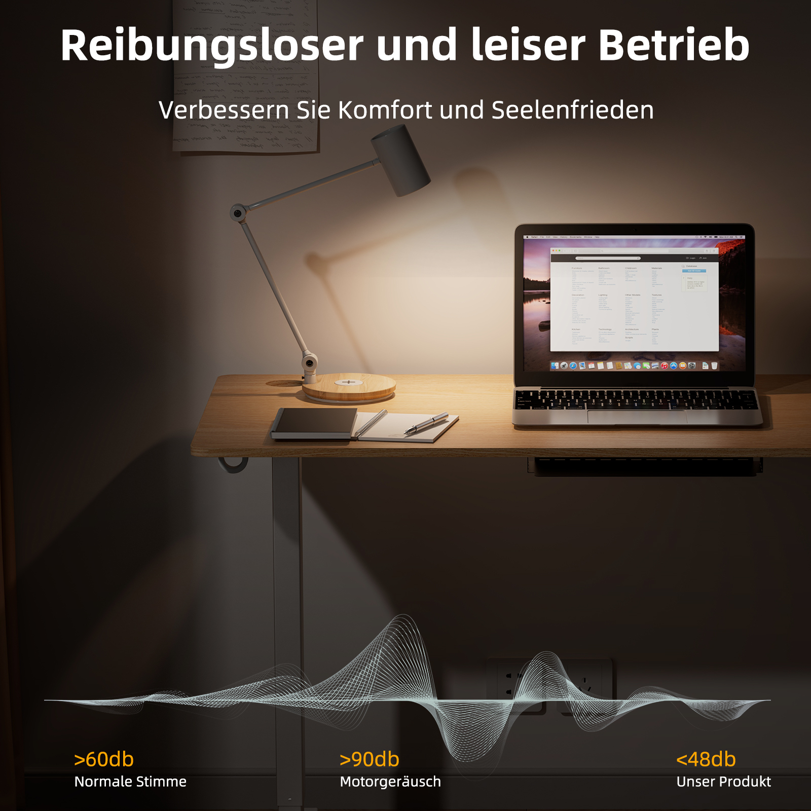 Laptop auf einem Schreibtisch mit Lampe und Notizblock, mit Schallpegeldiagramm.