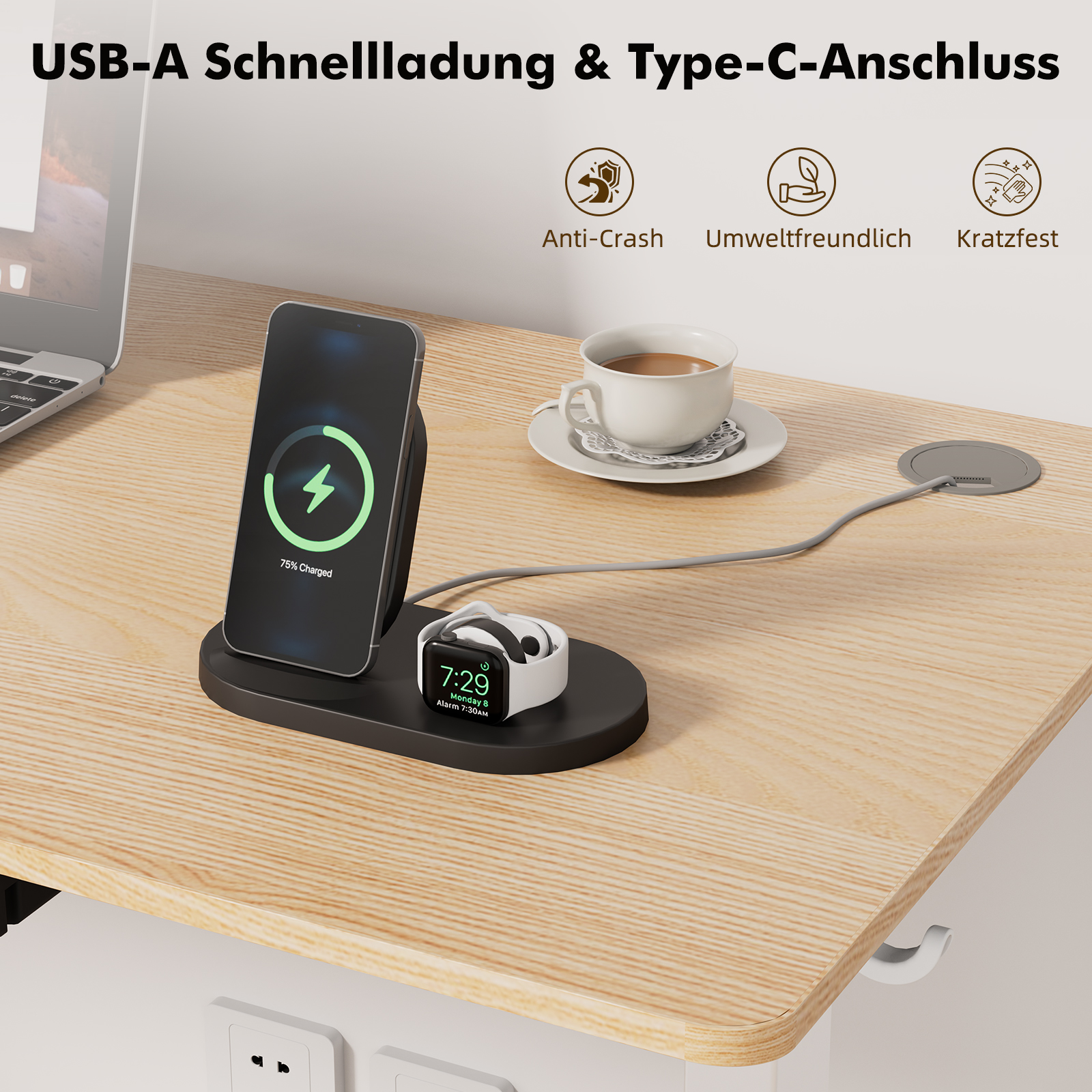 Schreibtisch mit Elektronik: Telefon laden, Smartwatch laden und Laptop, mit USB- und Typ-C-Anschlüssen.
