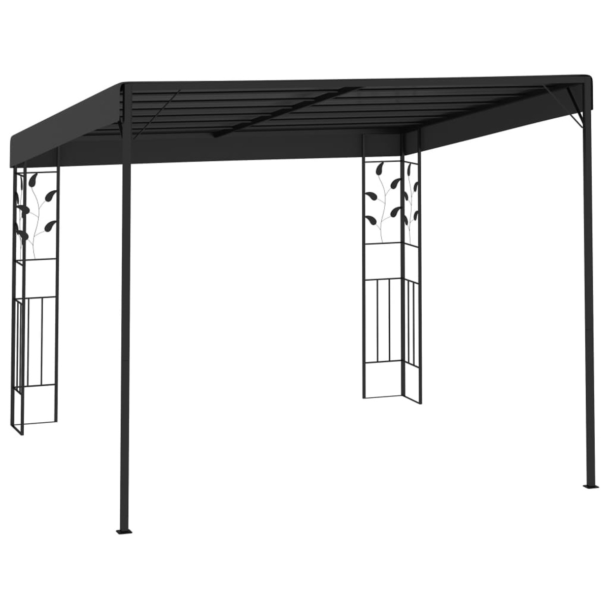 Schwarze Metallpergola mit Blättern auf den Stützen, vor weißem Hintergrund.
