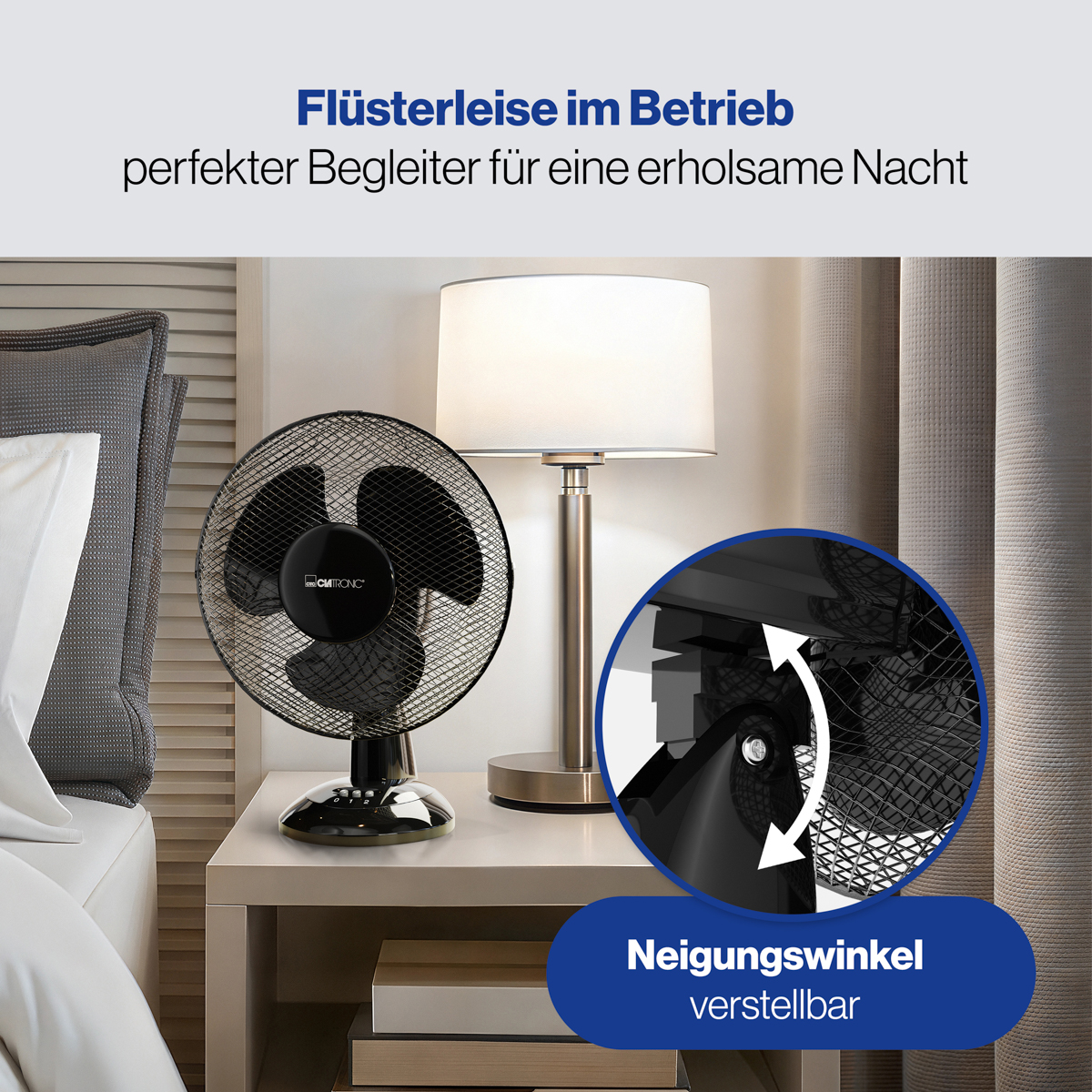 Czarny wentylator na stoliku nocnym, obok lampa. Tekst mówi 'szept'.