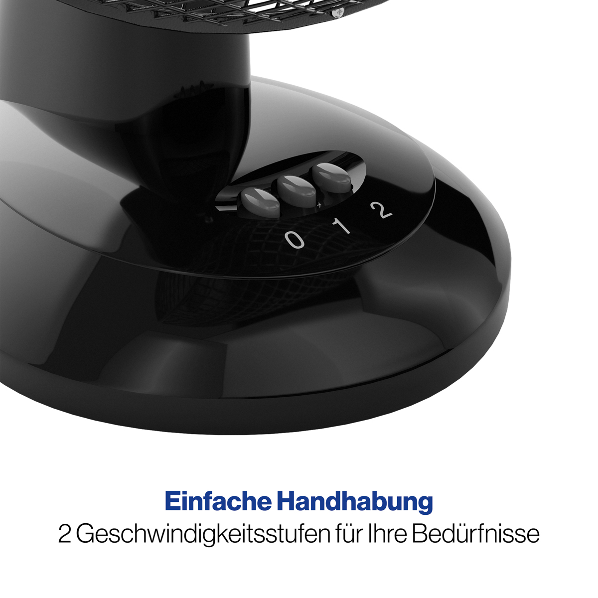 Czarna podstawa wentylatora z kontrolkami. Widoczne cyfry 0, 1, 2.