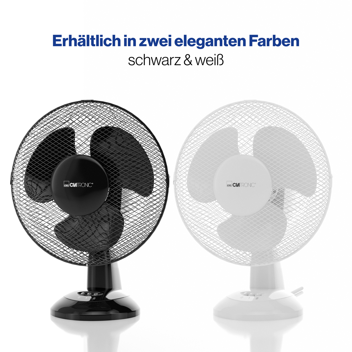Dwa wentylatory biurkowe, czarny i biały. Tekst: Dostępne w dwóch eleganckich kolorach, czarnym i białym.