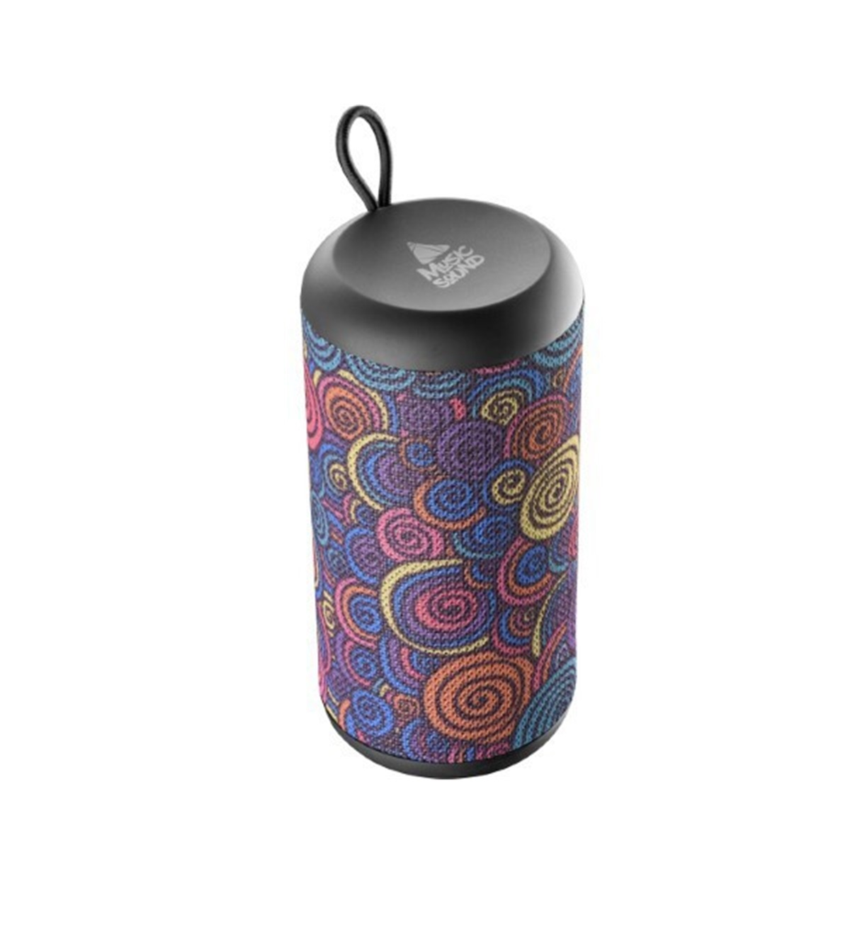 Kolorowy głośnik z nutami na białym tle.